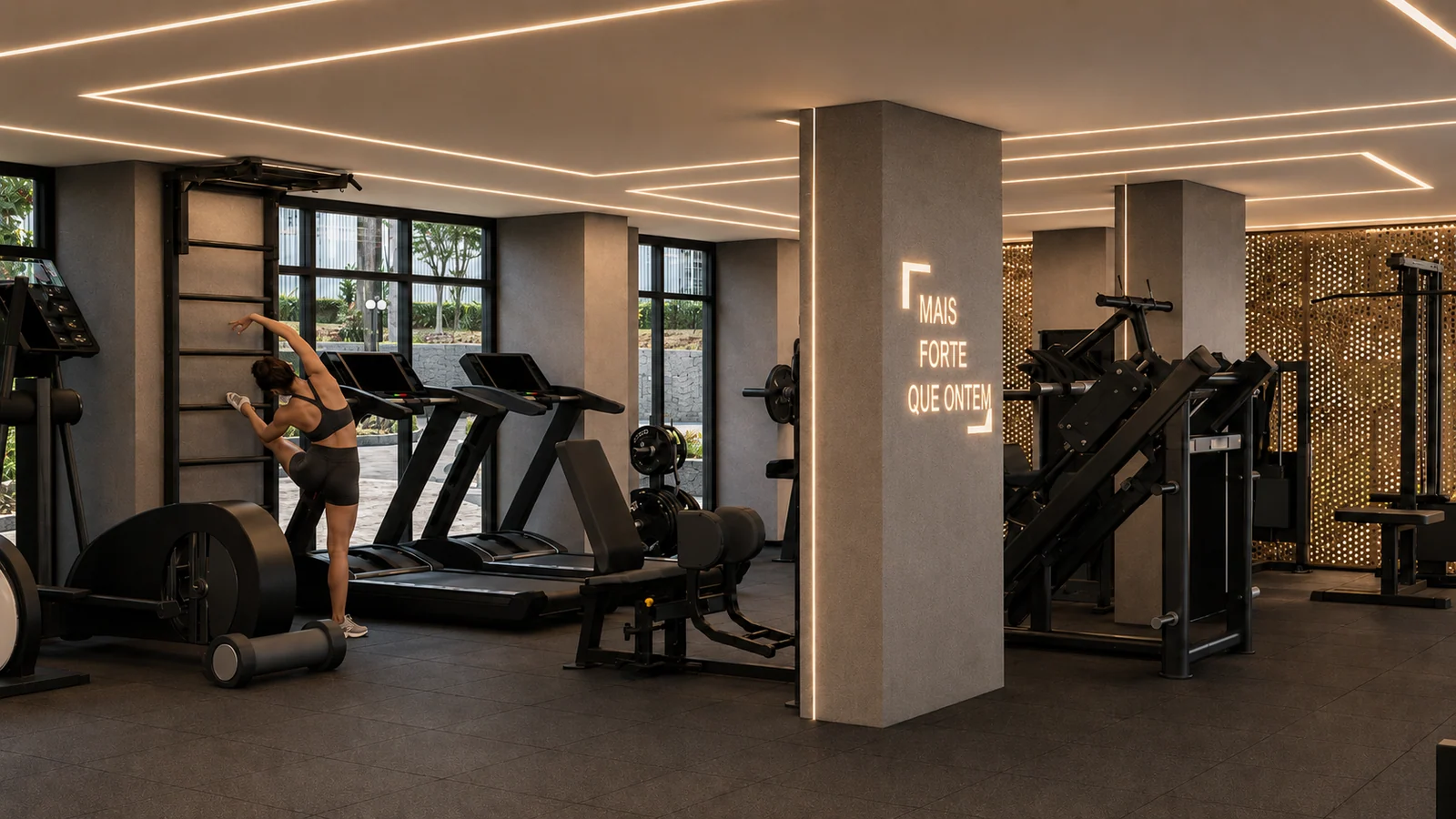 O mesmo espaço depois do projeto, com equipamentos, iluminação embutida e painel perfurado