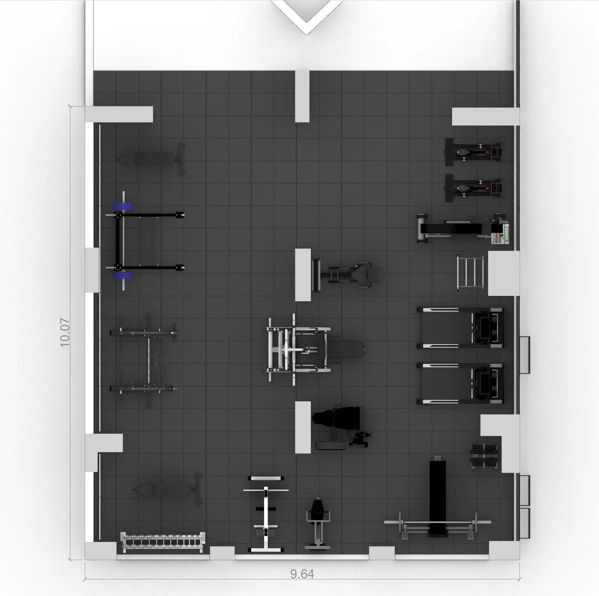 Planta baixa do espaço fitness com layout dos equipamentos e dimensões